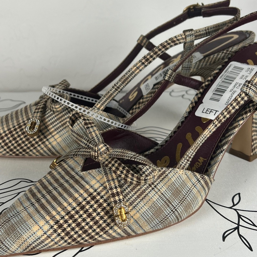 Circus by Sam Edelman Monica Plaid Slingback Pumps Kitten Heel Bow Tan Brown 10 - Picture 4 of 9